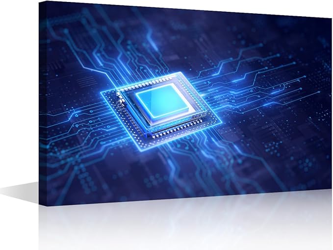 TUMOVO Glowing CPU Wall Art AI Pictures Print On Canvas Futuristic CPU Modern Artwork Circuit Board Wall Art for Living Room Office Giclee Gallery Posters and Prints Framed Ready to Hang, 24x16in