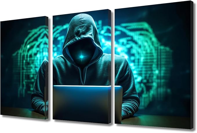 TUMOVO 3 Panels Canvas Wall Art Hacker Malware Canvas Prints Modern Artwork for Home Walls Living Room Decor AI Big Data Posters and Prints Stretched and Framed Ready to Hang, 36" Wx24 H