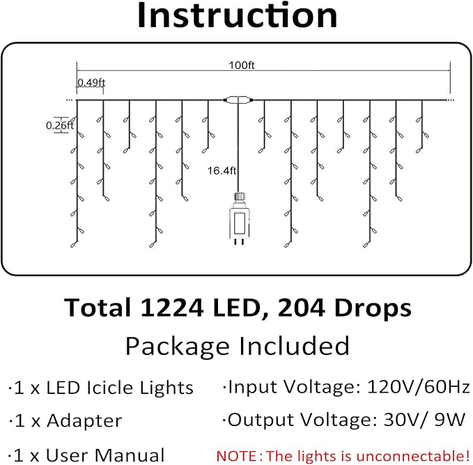 Toodour Christmas Icicle Lights Outdoor, 1224 LED 100ft 8 Modes Fairy Icicle String Light with 204 Drops, Led Christmas Lights Twinkle for Holiday, Party, Wedding, Eaves, Xmas Decorations (White)