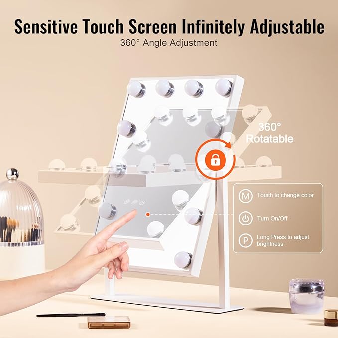VEVOR Hollywood Vanity Mirror with Lights, 12 Dimmable Bulbs & 3 Color Lighting Modes, Makeup Mirror with Detachable 5X Magnification, Smart Touch Control, 360 Degree Rotation(16.1x11.8 in, White)