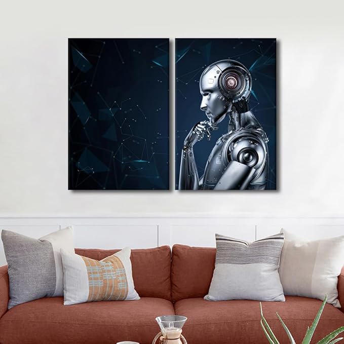 TUMOVO 3 Pieces Decor Robot Pictures Paintings Data Analysis Canvas Wall Art Artwok Modern Home Decorations for Living Room, AI Giclee Framed Ready to Hang Posters, 24" Wx16 H