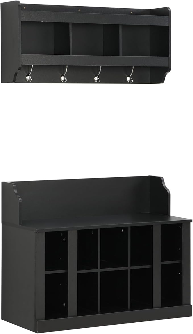 Hall Tree Entryway Coat Rack Shoe Storage Bench with Shelves and 4 Hooks, Modern Elegant Hall Tree with Wall Mounted Coat Rack, Entryway Organizer for Entryways, Mudroom (Black)