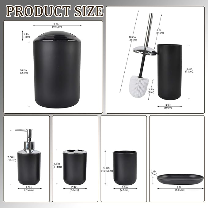 CERBIOR Bathroom Accessories Set 6 Piece Bath Ensemble Includes Soap Dispenser, Toothbrush Holder, Toothbrush Cup, Soap Dish for Decorative Countertop and Housewarming Gift (Shiny black-6pcs)