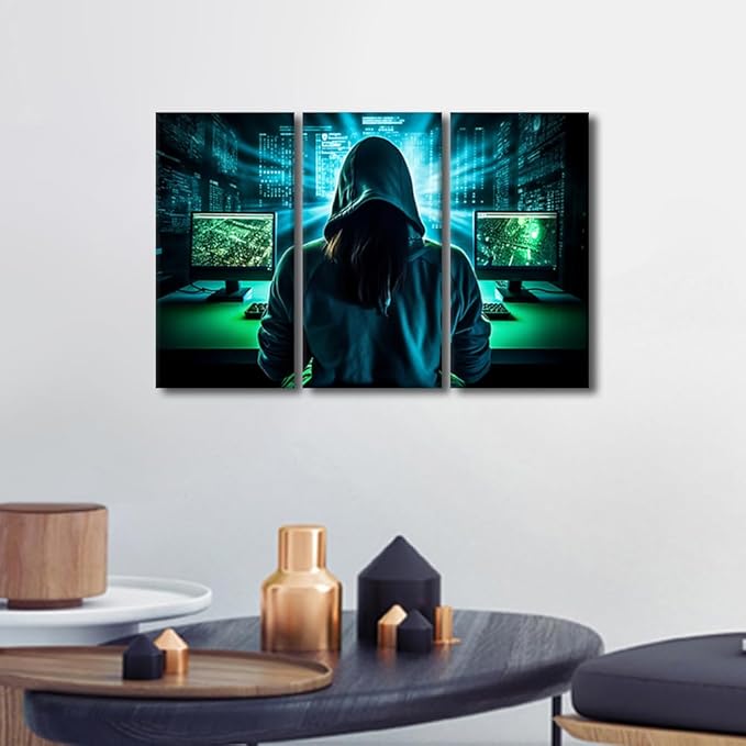 Hacker Malware Pictures for Bedroom Wall Decor AI Big Data Paintings AI Painting Wall Art Print on Canvas Hacker Artwork Home Wall Decor 3 Pieces Posters and Prints Framed Ready to Hang, 36"Wx24"H