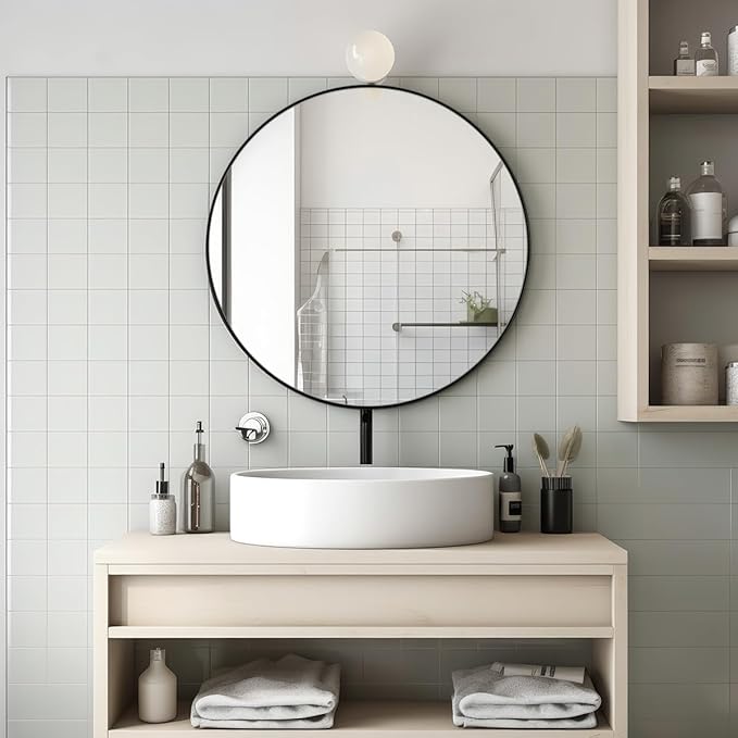 ANDY STAR Round Wall Mirror, 26" Black Round Mirror Metal Framed, Modern Metal Frame Bathroom Vanity Mirror (Matte Black Finish)