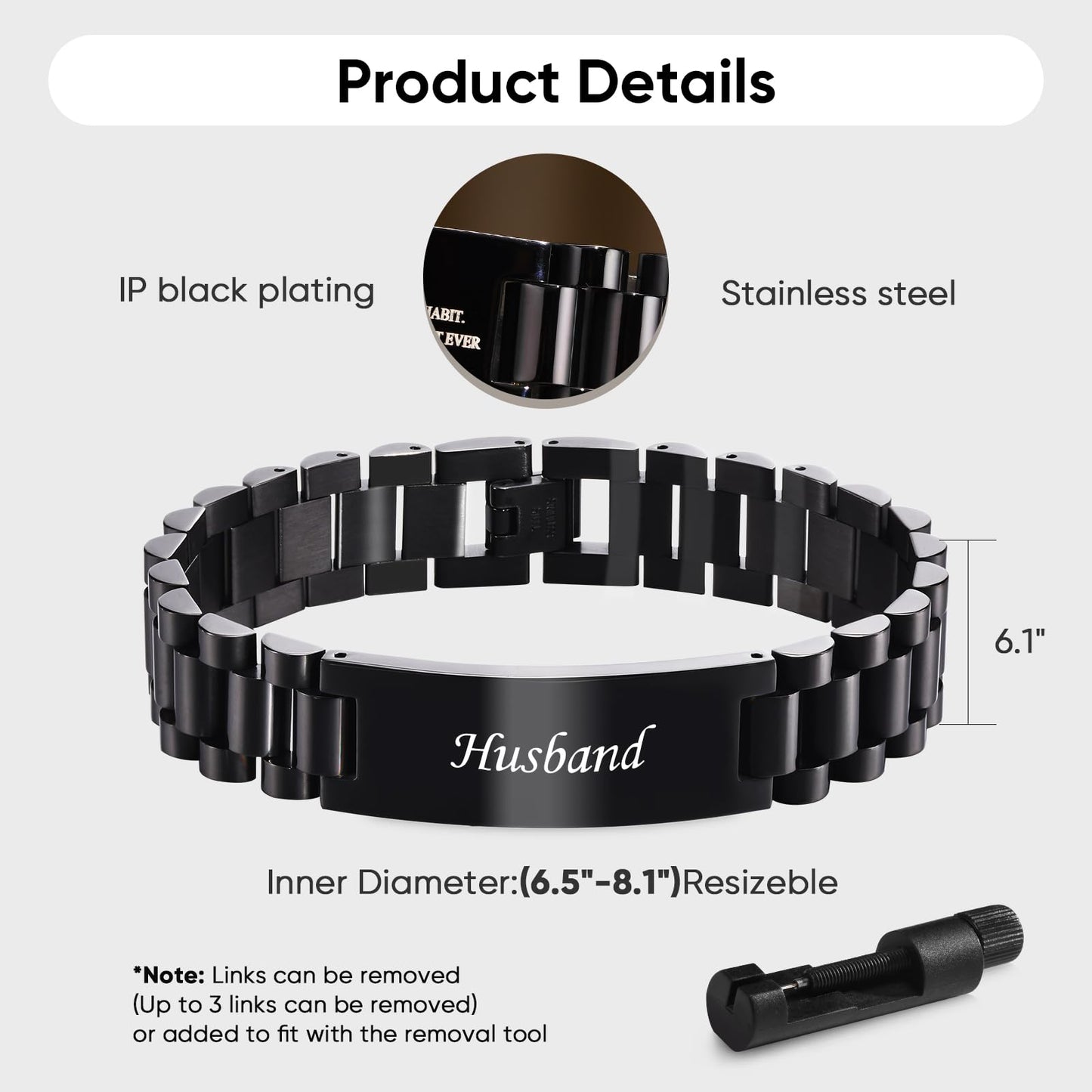 VNOX Bracelet Gifs for Husband from Wife- Black Stainless Steel Link To my Man Bracelet Hidden Love Message for Husband,Anniversary Valentine Days Christmas Birthday Gift Ideas for Him