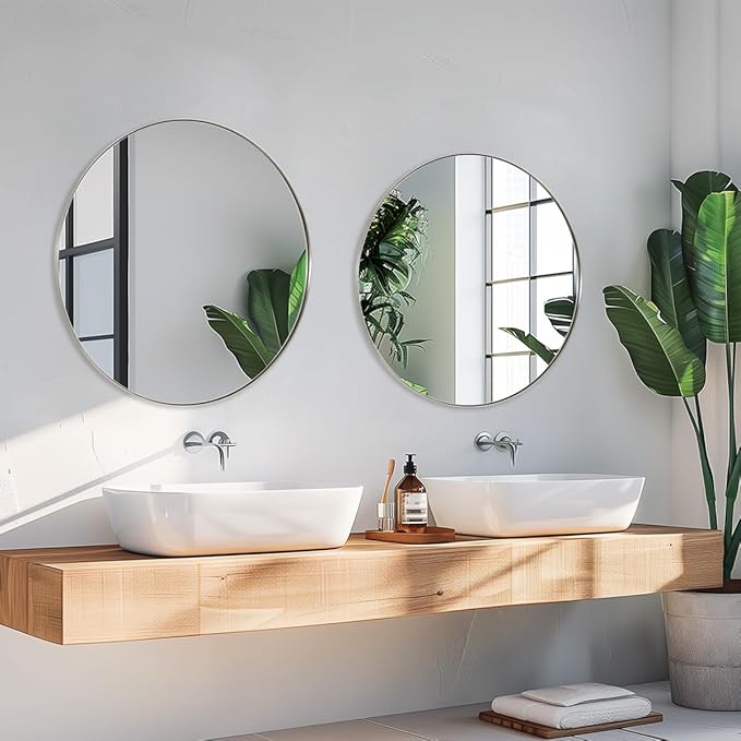 ANDY STAR Round Bathroom Mirror, 24’’ Brushed Silver Round Bathroom Mirrors in Stainless Steel Metal Frame 1" Deep Set Design