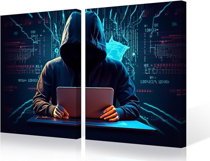 3 Pieces Home Decor Hacker Malware Wall Art Paintings Big Data Pictures Artwork Home Decor for Living Room Giclee Framed Gallery-Wrapped Ready to Hang Posters and Prints, 24" Wx16 H
