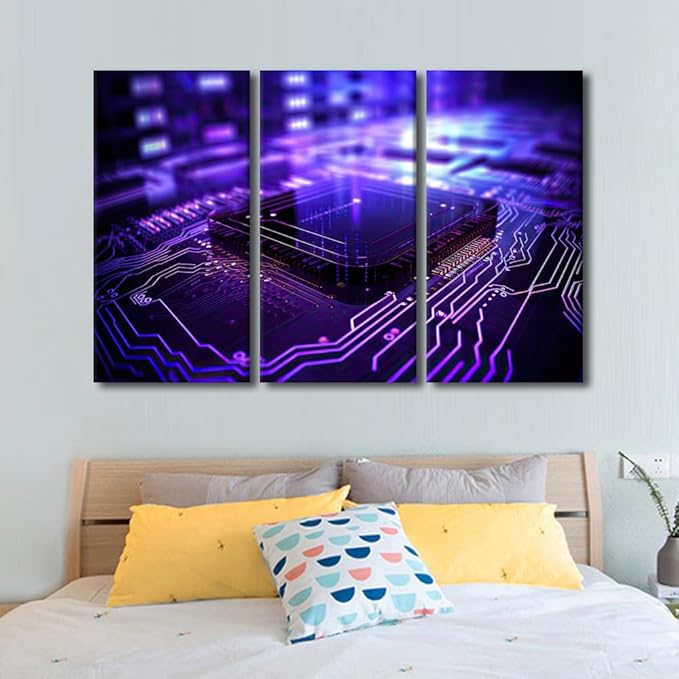 TUMOVO Semiconductor Chip Artwork for Home Walls AI Pictures Print on Canvas Circuit Board Painting 3 Pieces Wall Art Chip Modern Artwork Giclee Posters Framed Ready to Hang, 60" Wx40 H