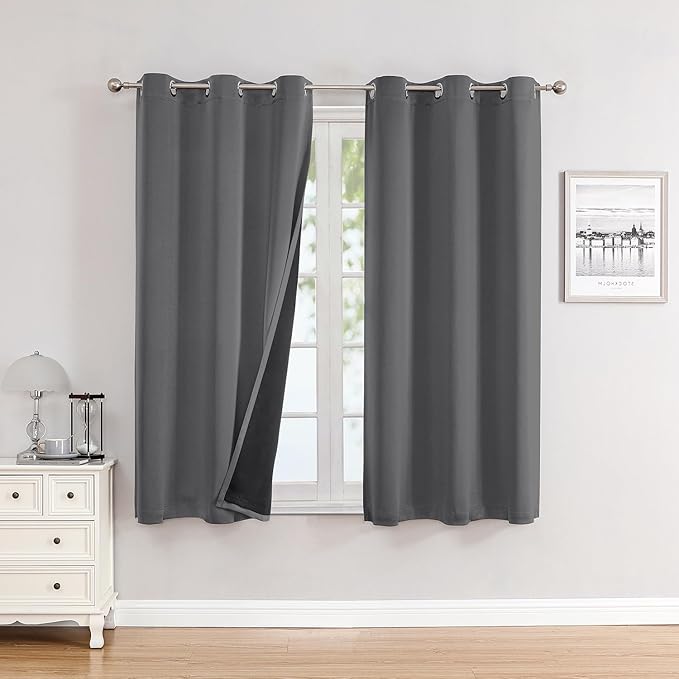 ChrisDowa 100% Blackout Curtains for Bedroom with Black Liner, 2 Thick Layers Total Blackout Thermal Insulated Grommet Window Curtains 2 Panels Set (Grey, 42W x 63L)