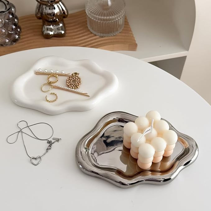 Jewelry Dish - Trinket & Ring Tray, Ceramic, Aesthetic Vanity Decor - Mother's Day, Christmas, Birthday Gift for Women (White)