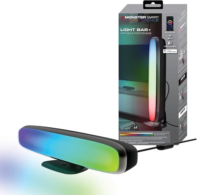 Monster Illuminessence Multi-Color Light Bar with Multi-Position Base, Mobile App, Compatible with Alexa, Google Assistant, Siri, 1-Pack