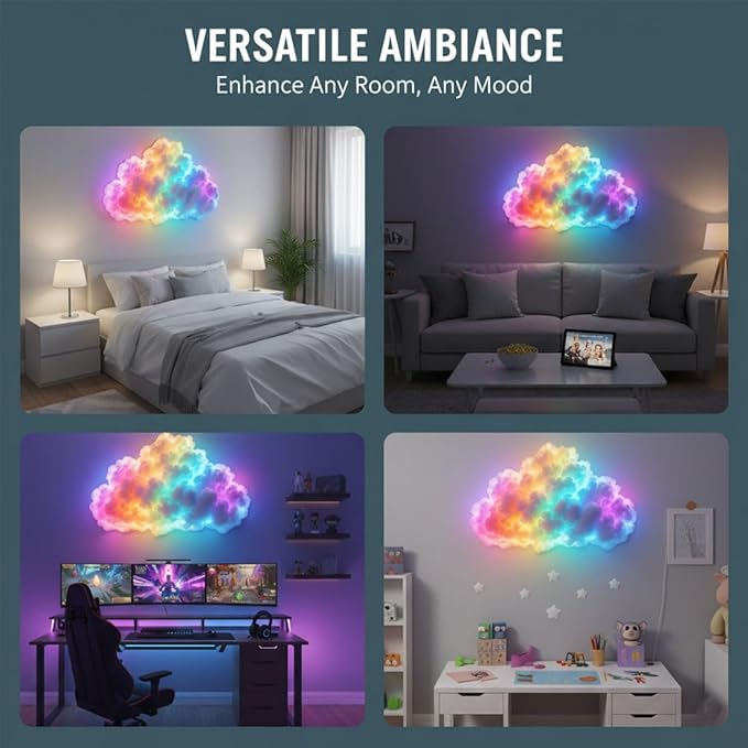 DIY USB-Powered Thundercloud LED Light Decor, 3D Cloud Ambient Light Kit, LED Cloud Lamp with Music Rhythm & Multicolor Color-Changing USB LED Strip, Cool Things for Your Room (LED400cm)