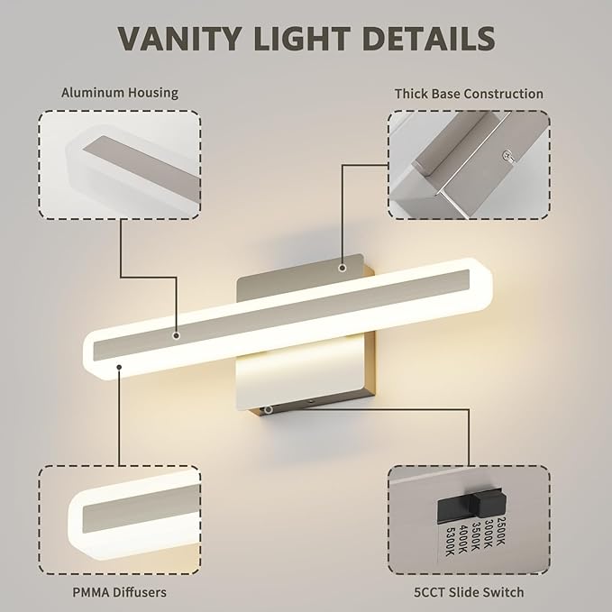 JUSHENG Brushed Nickel Vanity Lights for Bathroom, 5CCT Dimmable Vanity Light Bar, Modern LED Bathroom Lighting Fixtures Above Mirror 16'' Inch 16W