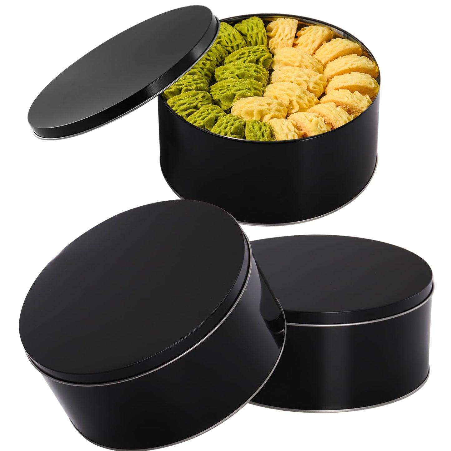Yopay 3 Pack Cookie Tin with Lid, Round Gift Tin, Black Baking Cake Container for Storing Patisseries, Snack, Chocolate, Easter, Special Occasion, Holidays, 7" Wide by 3.2"" Tall"