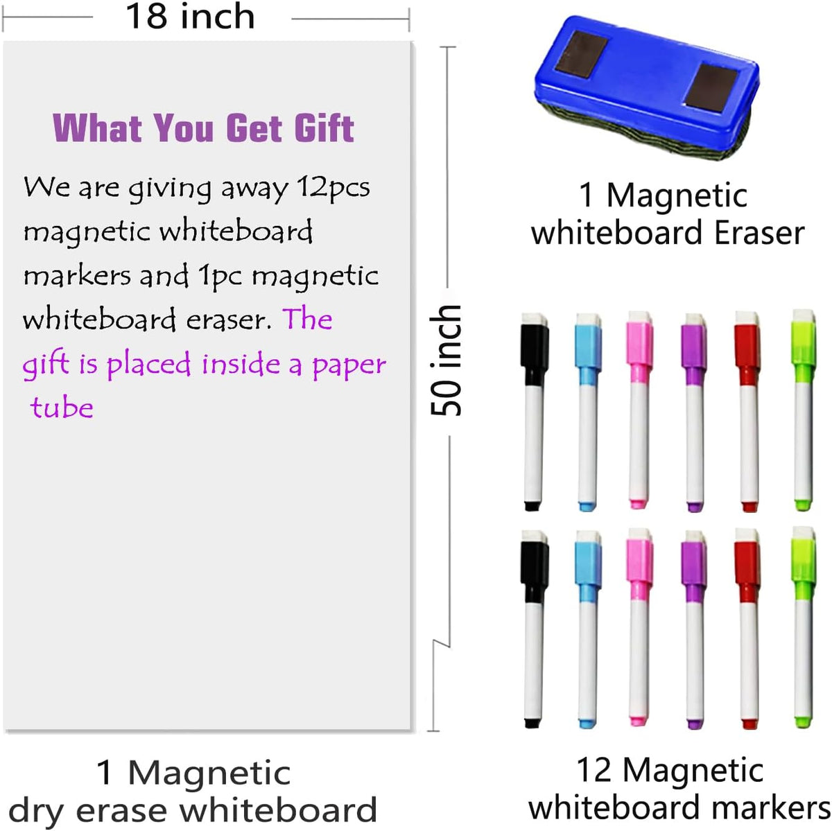 Magnetic Dry Erase Whiteboard Paper for Wall 50" x 18" Self Adhesive White Board Sticker with 12 Magnet Marker and Magnetic Eraser for Kids Office Home Whiteboard Wallpaper Peel and Stick