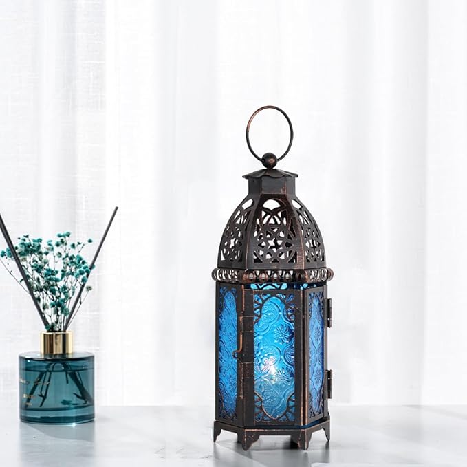 DECORKEY Christmas Lanterns Decorations Indoor & Outdoor, 11’’ Medium Size Vintage Metal Hanging&Tabletop Candle Holder Decor, Halloween Ramadan Decorations for Home Porch Patio(Blue)