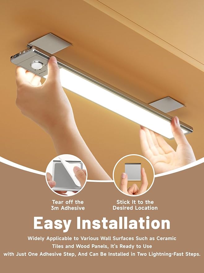 Intelligent Motion Sensor Light Strip, Punch-Free Smart Sensor Magnetic Rechargeable LED Lights Kit, Under Cabinet Night Light for Closet, Kitchen, 3 Dimmable Brightness & Color (4 Pack)