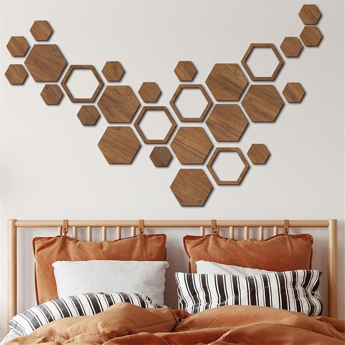 Wooden Hexagon Wall Art Decor, 27 PCS 3D Removable Hexagon Wall Stickers Honeycomb Decor, Wood Hexagon Wall Decor Panels DIY Hexagonal Wall Decals for Office Living Room Bedroom Home Wall Decoration