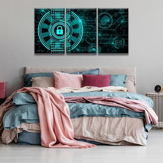 LSIUHWUWI 3 Panel Wall Art Secure Technology Concept Padlock Binary Code Hud Pictures Posters for Living Room Decorations, Connecting Lines Fingerprint Cloud Mail Artwork Ready to Hang, 16x24inchx3