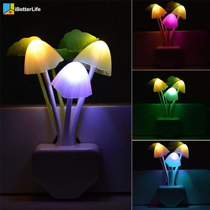 iBetterLife LED Night Light Smart Sensor 0.6W Color Changing Plug-in Night Lights for Kids Adults Cute Mushroom Night Light Bedroom Home Decor Light Wall Lamps NightLight