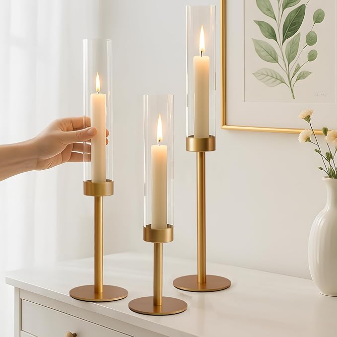 6Pcs Hurricane Glass Candle Holders Gold Candlestick Holders Taper Candle Holder with 9.8" Windproof Clear Cylinder Covers for Outdoor Indoor Tall Candle Stick Holder Decor for Wedding Party Fireplace