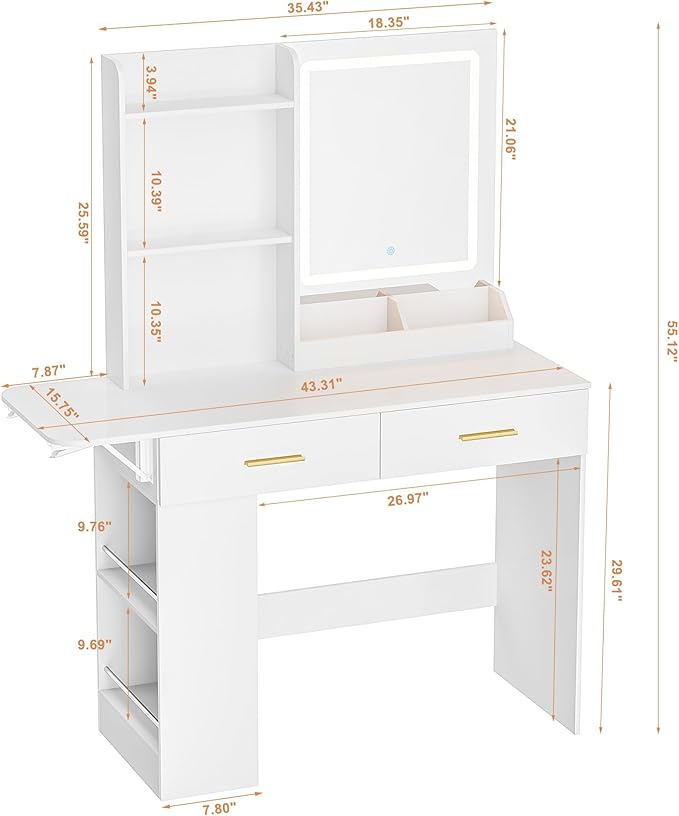 Vanity Desk with Mirror and Lights, 43.31" 4-Drawers Makeup Table Without Stool, Extra Foldable Desk with 3 Open Shelves Dressing Table for Girls and Ladies Bedroom, White and Gold