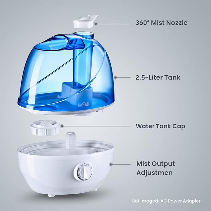 Cool Mist Humidifiers for Bedroom & Large Room (2.5L Water Tank) Quiet Ultrasonic Air Humidifier For Babies Nursery, Office, Indoor Plants & Whole House -Adjustable 360 Rotation Nozzle, Auto-Shut Off