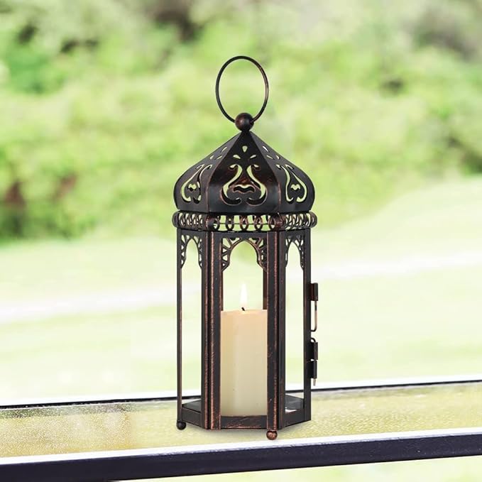 DECORKEY Vintage Medium Size Candle Lantern Decorative, Moroccan Style Vintage Hanging Lantern with Clear Glass, Metal Tabletop Lantern Decor, Indoor Outdoor Candle Holders for Coming Season