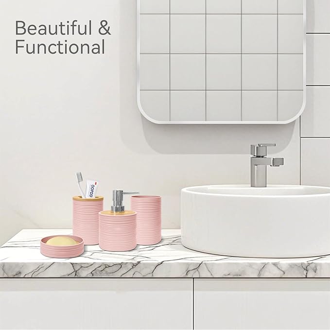 Bathroom Accessories Set 4 PCS, Bamboo Bathroom Accessory Set Includes Soap Dish, Soap Dispenser, Toothbrush Holder, Toothbrush Cup, Bathroom Sets Accessories, Boho Bathroom Decor(Light Pink)