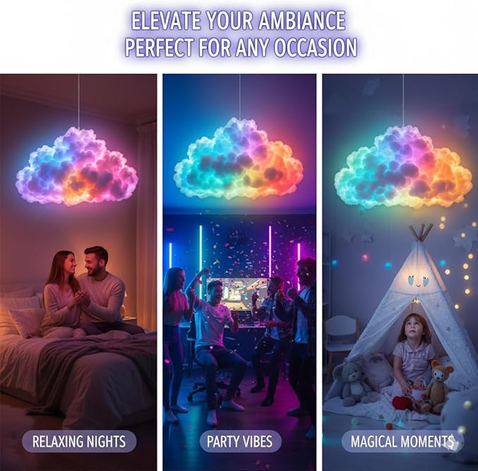 DIY USB-Powered Thundercloud LED Light Decor, 3D Cloud Ambient Light Kit, LED Cloud Lamp with Music Rhythm & Multicolor Color-Changing USB LED Strip, Cool Things for Your Room (LED400cm)