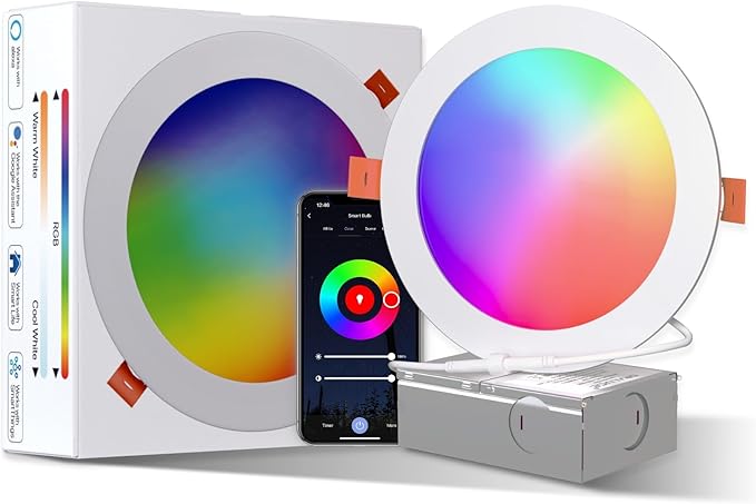 ORALUCE Smart Recessed Lighting 6 Inch, WiFi＆Bluetooth Color Changing Retrofit LED Can Lights, 13W 1050LM RGBCW 2700-6500K Ultra-Thin Wafer Lights Compatible with Alexa/Google Assistant, 1Pack