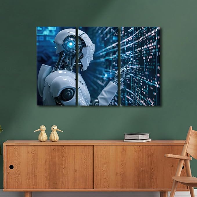 Wall Decorations for Living Room - Big Data Analysis Wall Art Canvas Print Robot Paintings AI Intelligence Art Prints 3 Piece Framed Wall Art Home Office Decor Modern Artwork Ready to Hang, 42"Wx28"H