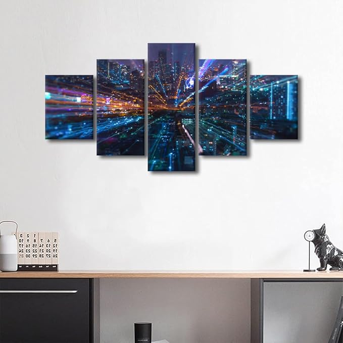 Bangkok Cityscape Wall Art Smart City and Digital Poster 5 Panel Canvas Connection Concept Picture Decoration Modern Home Decor for Living Room Decor Frame and Stretched Ready to Hang 60x32 Inch