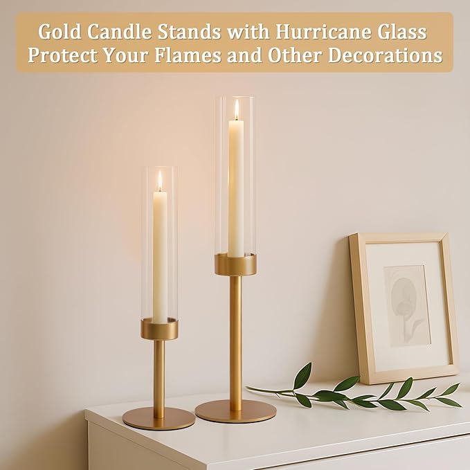6Pcs Hurricane Glass Candle Holders Gold Candlestick Holders Taper Candle Holder with 9.8" Windproof Clear Cylinder Covers for Outdoor Indoor Tall Candle Stick Holder Decor for Wedding Party Fireplace