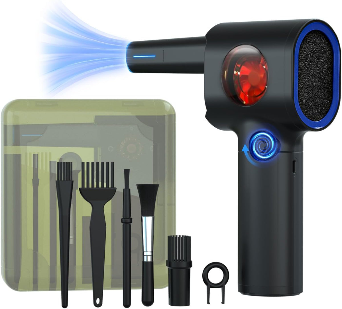 ATEngeus Compressed Air Duster, Stepless Speed Electric Air Duster with Storage Case, Cordless Air Duster with LED Replace Canned Air, 6 Accessories Air Blower, Keyboard Cleaner for Car, PC, Home