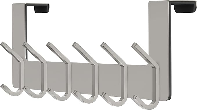 Brushed Nickel Over The Door Hooks – Heavy Duty Stainless Steel Door Hanger with 6 Double Hooks for Hanging Towels, Coats, Robes, Hats, Bags – No Drill Over Door Towel Rack for Bathroom & Bedroom