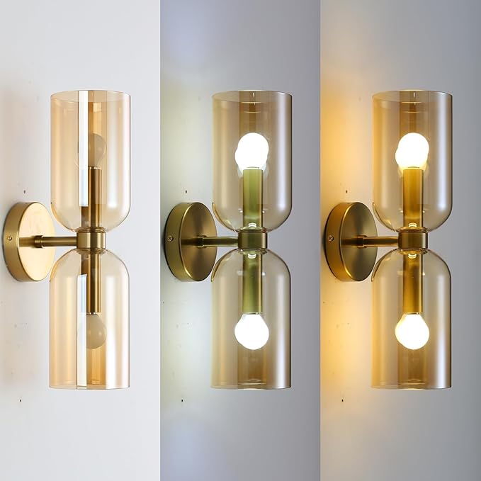 Minimalist 2-Light Gold Wall Sconces with Cylinder Glass Shades- Mid Century Vanity Wall Double Lights Hardwired- Modern Indoor Glass Wall Mounted Art Decor Lights (Amber, 1 Pack)
