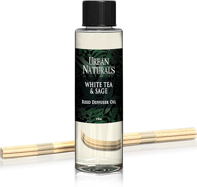 Urban Naturals Reed Diffuser Oil Refill White Tea & Sage, Sparkling Bergamot, Fresh Sage, 4 oz + Free Reed Sticks, Made in the USA