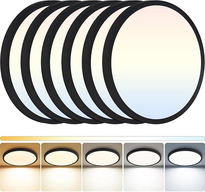 LED Flush Mount Ceiling Light: 12 inch 6Pack Super Slim Dimmable & 5CCT (2700-6500K) Kitchen Lighting Fixtures Ceiling - 24W Black Low Profile Ceiling Lamp for Bedroom Garage Hallway