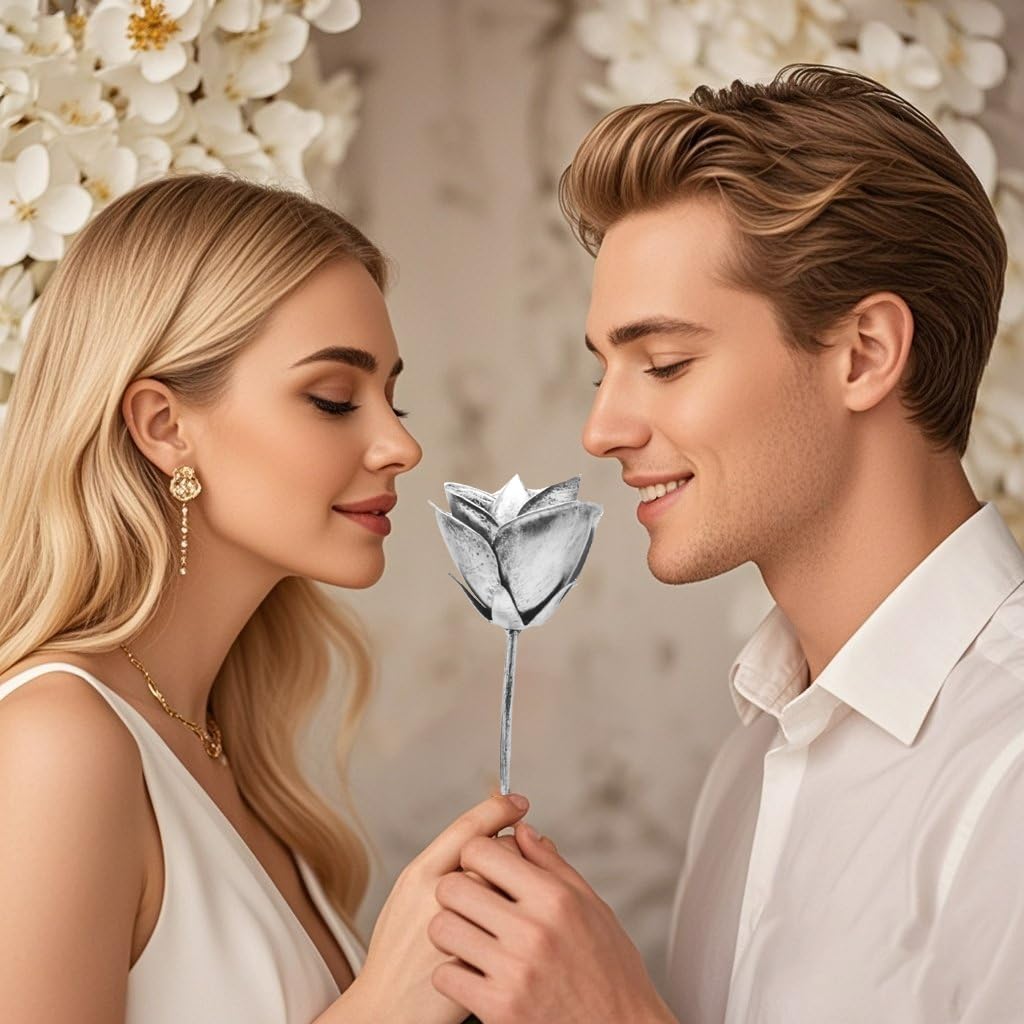 10 Year Gifts Anniversary Tin Wedding Gifts Ten Year for Him Her, 10 Years Anniversary Wedding Unique Gifts Ideas for Wife Couple Silver Metal Rose with Base (Silver)