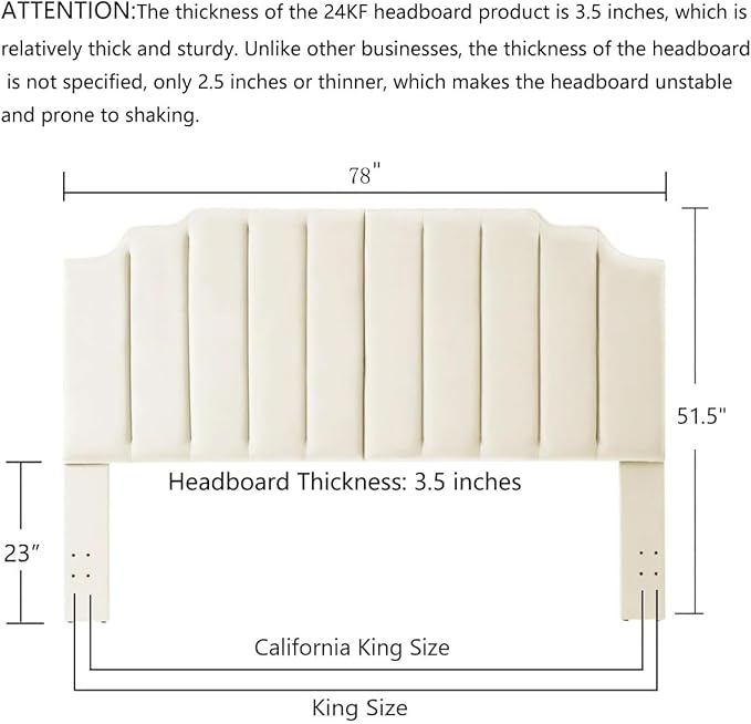 24KF Cream Velvet Tufted King Upholstered Headboard, Modern Vertical Channel Design California King Headboard with Stepped Silhouette Top Edge,Cream