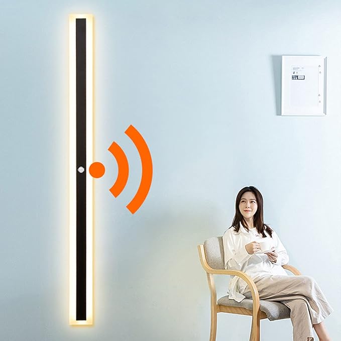 Indoor Long Wall Lamp with Motion Detector, Nordic Modern LED Wall Lamps for Bedroom, Living Room, Bathroom, Hallway, Stairs -Warm White 3000K Metal Black Wall Lights,120cm