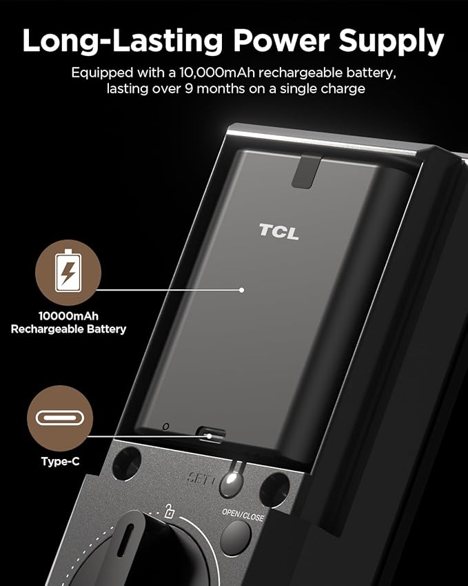 TCL Palm Vein Smart Lock D2 Pro, Wi-Fi Keyless Entry Deadbolt Door Lock, Built-in Doorbell, Key Fob, App Control, Auto Lock, Rechargeable Battery, Works with Alexa & Google Lock for Front Door