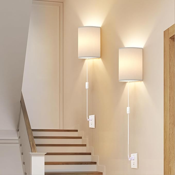 Plug in Wall Sconces Set of Two: Wall Lights with On/Off Switch - Stepless Color Temperature Wall Mount Lamps - Fabric Linen Wall Sconce for Bedroom Living Room & Hallway- Indoor Corded Wall Sconces