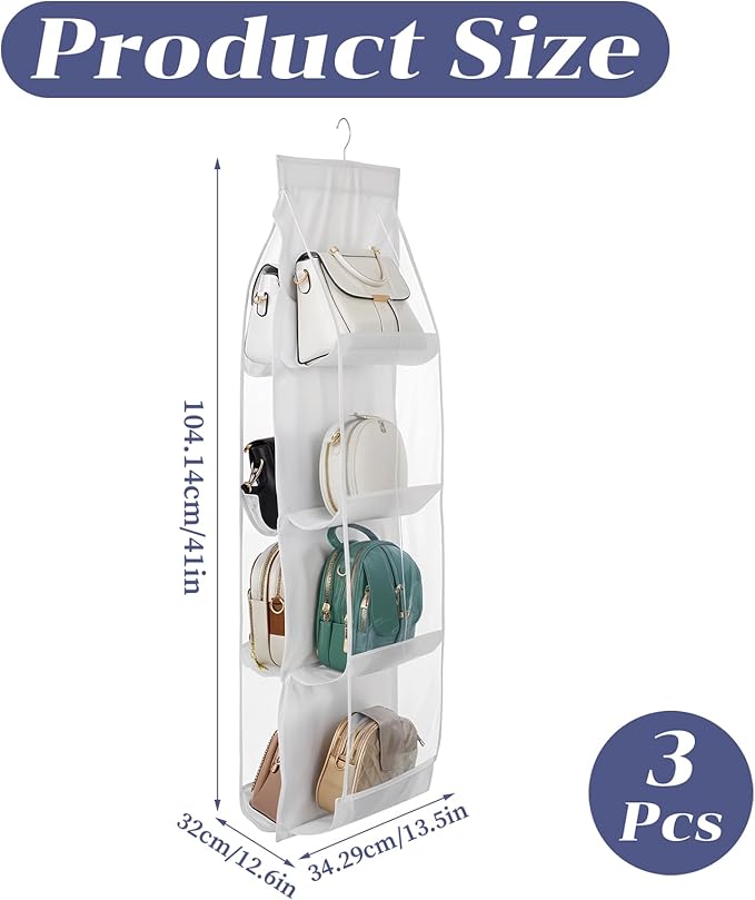 3Pack Hanging Handbag Organizer for Closet – 8 Clear PE Pockets, Space-Saving Purse Storage Holder (White, 41” x 13.5”)