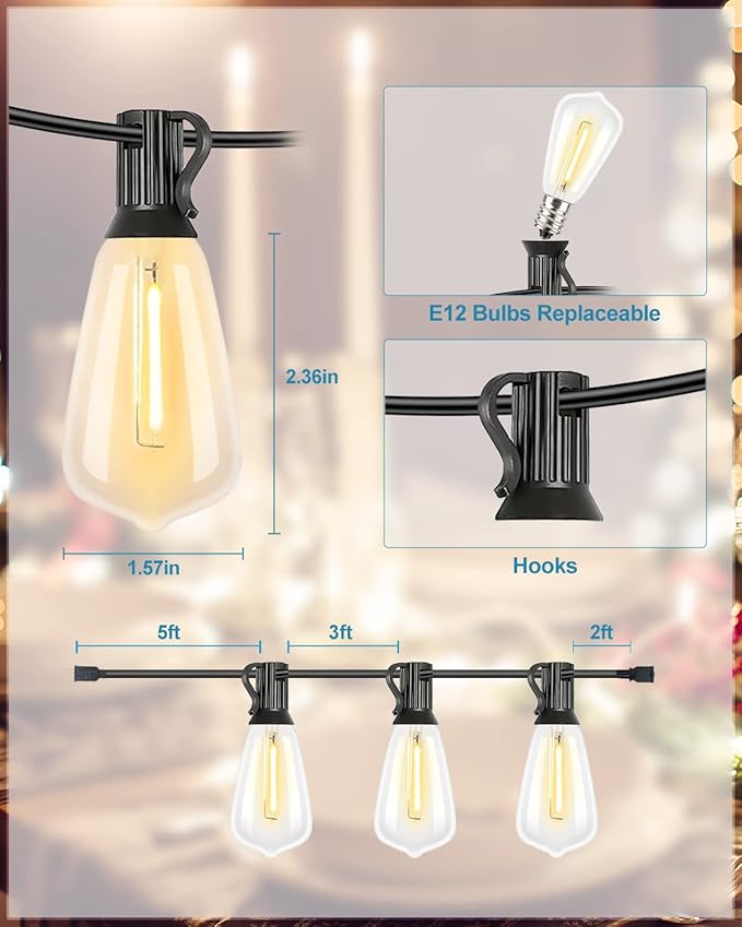 Lightdot 400FT Outdoor String Lights, LED Bistro String Lights with Shatterproof ST38 Bulbs, 2200K Dimmable, Waterproof Hanging Lights for Porch, Party, Garden, Backyard, Balcony - ETL Listed