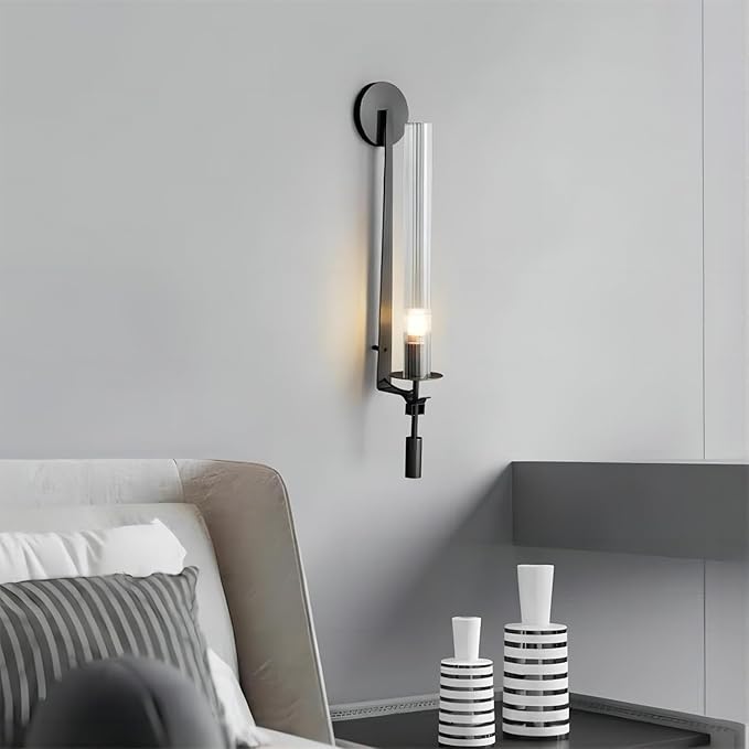 LIGHTLAND Black Wall Sconces Set of 2, 28 Inch Modern Metal Glass Wall Light Fixture, Wall Lamp for Living Room Bedroom Hallway