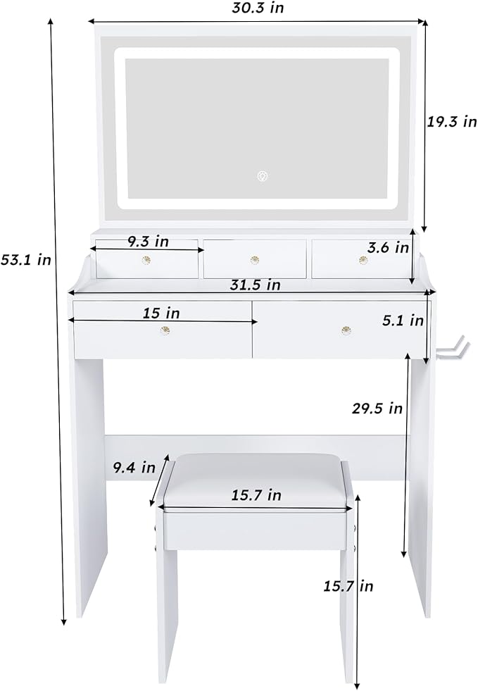 Vanity Desk with Large Mirror and Stool, Makeup Table with LED Lighted - 3 Color Models, Makeup Desk with 5 Drawers & Power Outlet, Dressing Makeup Table for Women Girls Bedroom, White