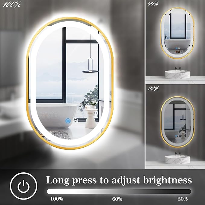 24 x 36 Inch Gold Oval LED Vanity Mirror with Lights Smart Memory 3 Color Dimmable Anti-Fog 36" Gold Framed Oval Lighted Mirror for Bathroom Salon Wall LED Ovals Mirror with Lights Frame